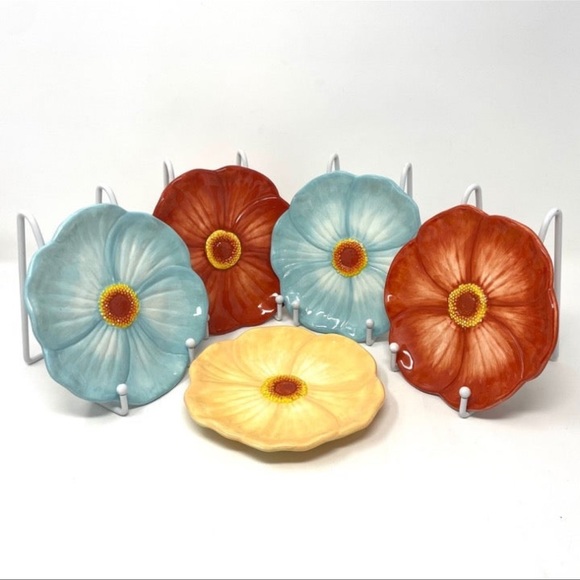 Cindy Crawford Figural Canape Appetizer Plates Flora Stoneware  6'' Colorful (5) - Picture 1 of 8